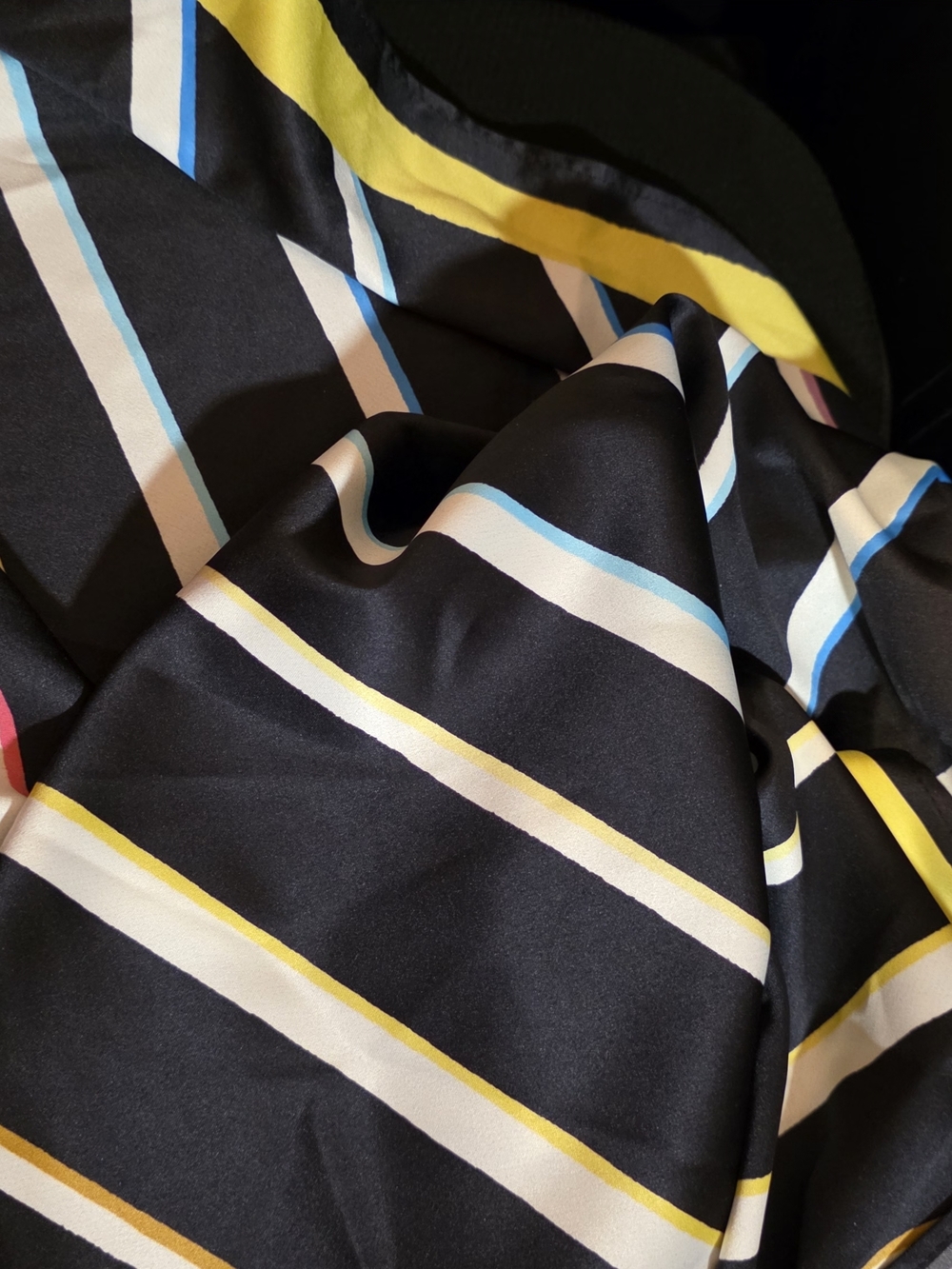 Old Navy X CjR Black Satin Scarf with Yellow, Cream and Light Blue Strips